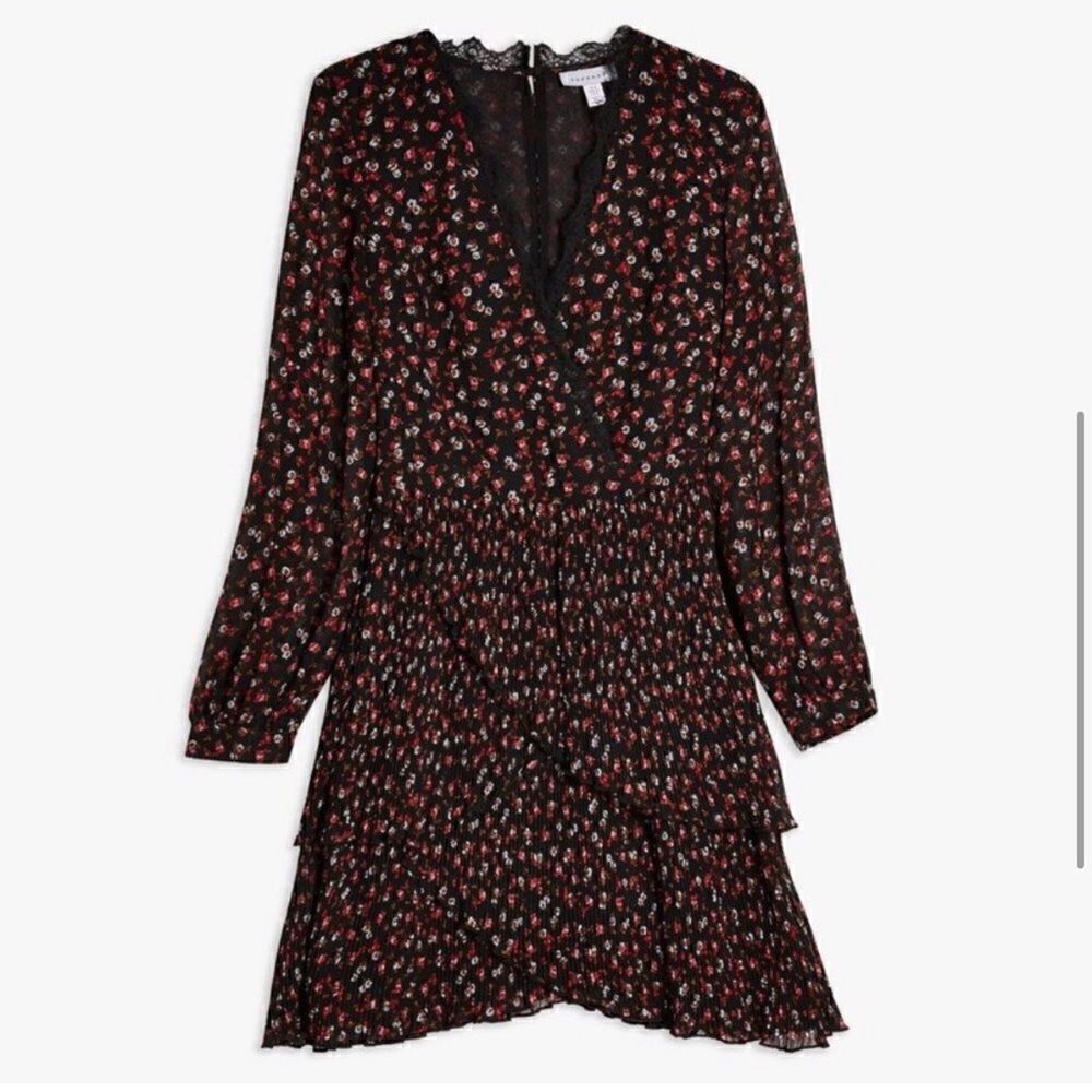 Topshop Black Pleated Floral Dress Size 8